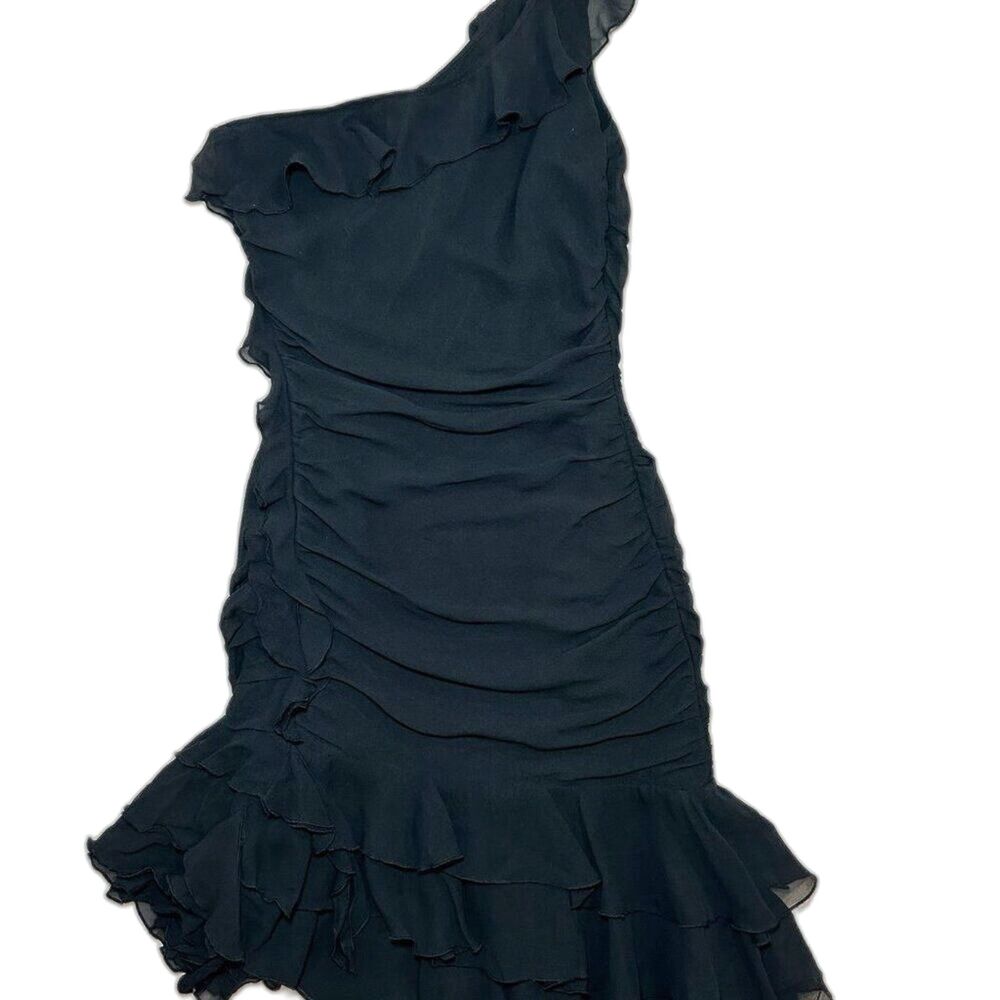 Vintage Silk Cocktail Dress Ruffled One Shoulder LBD Carrie Bradshaw 90s XS